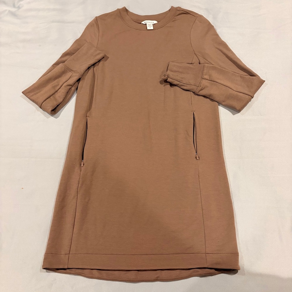 Athleta Coaster Luxe Sweatshirt Dress Brown Tencel Fleece Mini Pockets Small